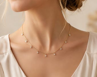 S925 Sterling Silver CZ Station Necklace, Dainty Bezel Drops, Minimalist Sparkle Gift for Her