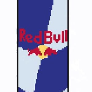 Peut inclure: Image pixélisée d'une canette de boisson énergisante Red Bull. La canette est principalement bleue avec une section blanche sur le côté. Le logo Red Bull, avec un taureau rouge et un soleil jaune, est bien visible. Le texte "Red Bull" est en rouge.