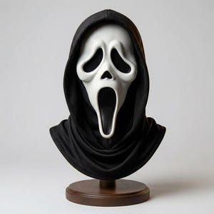 Peut inclure: Un masque en plastique blanc avec un visage long et déformé, de grandes ouvertures noires pour les yeux et une bouche noire allongée, fixé à une capuche en tissu noir drapée sur un support en bois. Le masque a une finition lisse et brillante.