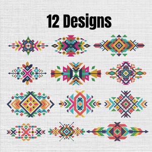 Conjunto de 12 diseños de bordado geométricos tribales aztecas, descarga digital instantánea, tamaño 7.