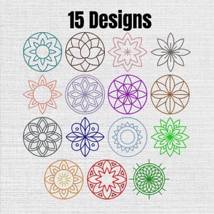 Maskinbroderimönster med geometrisk mandala, set om 15, digital nedladdning direkt