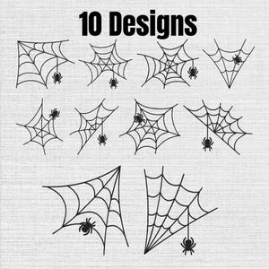 Peut inclure: Une collection de 10 motifs graphiques noirs représentant diverses toiles d'araignées et de petites araignées. Chaque illustration présente une structure de toile unique avec une araignée suspendue à un fil, formant un ensemble d'éléments graphiques.