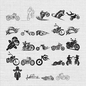 Puede incluir: Una colección de gráficos en silueta negra que muestran varias motocicletas, pilotos en movimiento, patrones de llamas y una línea de latido con una motocicleta. Los diseños incluyen cruisers, motos deportivas y pilotos de acrobacias.