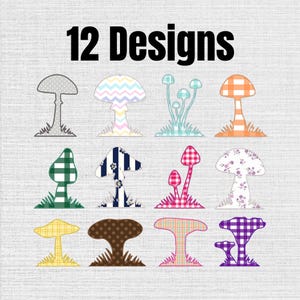 Op de afbeelding: Een digitale afbeelding met de tekst 12 Designs boven twaalf verschillende paddenstoelillustraties. Elke paddenstoel heeft een uniek patroon, waaronder stippen, chevron, ruiten, strepen en bloemenprints in diverse kleuren zoals blauw, oranje, groen en paars.