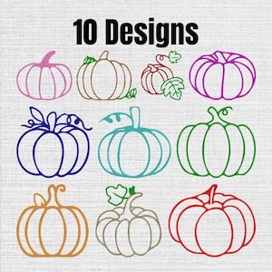May include: A digital graphic featuring the text 10 Designs above ten distinct pumpkin illustrations. The pumpkins are rendered in various colors including pink, brown, purple, blue, teal, green, orange, beige, and red with line art styles.