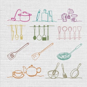 Kitchen Line Art Embroidery Design  Set Of 11, Instant Download Digital, 7 Size