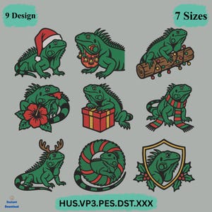 May include: Nine embroidery designs featuring green iguanas in various holiday themes, including a Santa hat, a gift box, a scarf, and a wreath. Text reads 9 Design, 7 Sizes, and HUS.VP3.PES.DST.XXX. Instant Download is also visible.