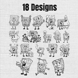 Op de afbeelding: Een verzameling van 18 zwart-wit lijntekeningen met Spongebob Squarepants en Patrick Ster in verschillende houdingen en activiteiten, waaronder het vasthouden van harten, bellen blazen en interactie met een slak, op een getextureerde achtergrond.