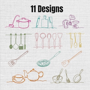 Puede incluir: Una colección de 11 diseños con dibujos de una sola línea de utensilios de cocina y menaje en varios colores. El conjunto incluye elementos como una olla, rodillo, tabla de cortar, batidora, batidor, espátula, cuchillo, cuchara, tenedor, tetera y sartén.