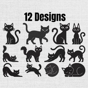 May include: A collection of 12 black cat silhouettes arranged in three rows. The cats are depicted in various poses including sitting, walking, stretching, and sleeping. The text 12 Designs is printed in bold black letters at the top of the image.