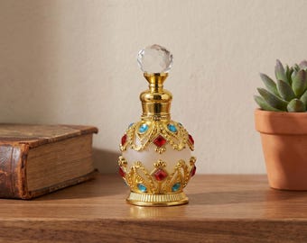 Frasco de perfume em vidro árabe estilo vintage | Recipiente decorativo de 15ml para óleos essenciais, ideal para penteadeira | Frasco de fragrância ornamentado e recarregável