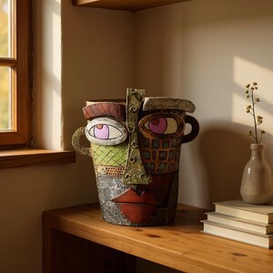 Abstract Face Planter | Colorful Retro Art Planter Pot | Unique Modern Succulent Vase | Eclectic Indoor Decor Statue