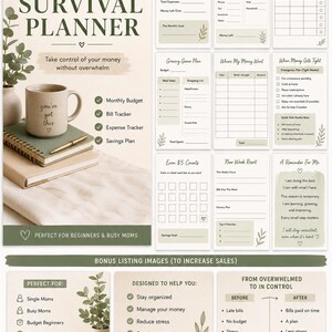 Könnte beinhalten: Ein grüner und weißer Planer mit dem Titel "Single Mom Paycheck-to-Paycheck Survival Planner" mit einer Kaffeetasse mit der Aufschrift "you've got this". Der Planer enthält Abschnitte für Budgetierung, Rechnungsverfolgung und Ausgabenverfolgung. Der Planer soll Alleinerziehenden helfen.