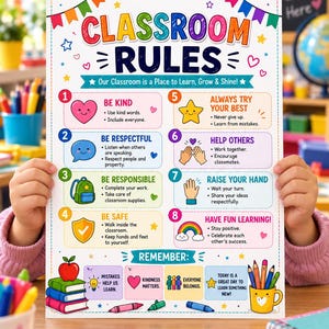 Puede incluir: Un póster colorido de reglas de clase que presenta ocho pautas numeradas, incluyendo Be Kind, Be Respectful, Be Responsible, Be Safe, Always Try Your Best, Help Others, Raise Your Hand y Have Fun Learning, con ilustraciones y texto.