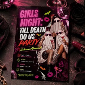 May include: A rectangular Halloween party flyer featuring the text Girls Night: Till Death Do Us Party and Halloween After Dark. The design shows three figures in white ghost costumes wearing heart-shaped sunglasses and holding cocktails.