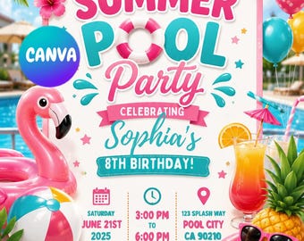 Tropical Summer Pool Party Invitation | Kids Birthday Canva Template (Digital Download)