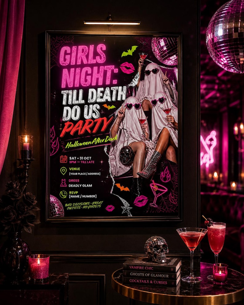 May include: A rectangular poster titled GIRLS NIGHT: TILL DEATH DO US PARTY in neon pink and white text. It features three figures in ghost costumes wearing heart-shaped sunglasses and holding cocktails, surrounded by bats, lips, and disco balls.