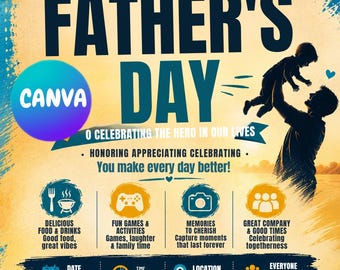 Father's Day Invitation Template Bundle, 2 Editable Canva Flyers, Dad Celebration Party Invite, Instant Download