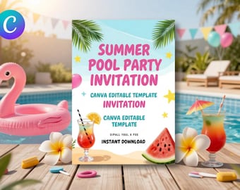 Summer Pool Party Invitation Template | Tropical Birthday Canva Editable (Instant Download)