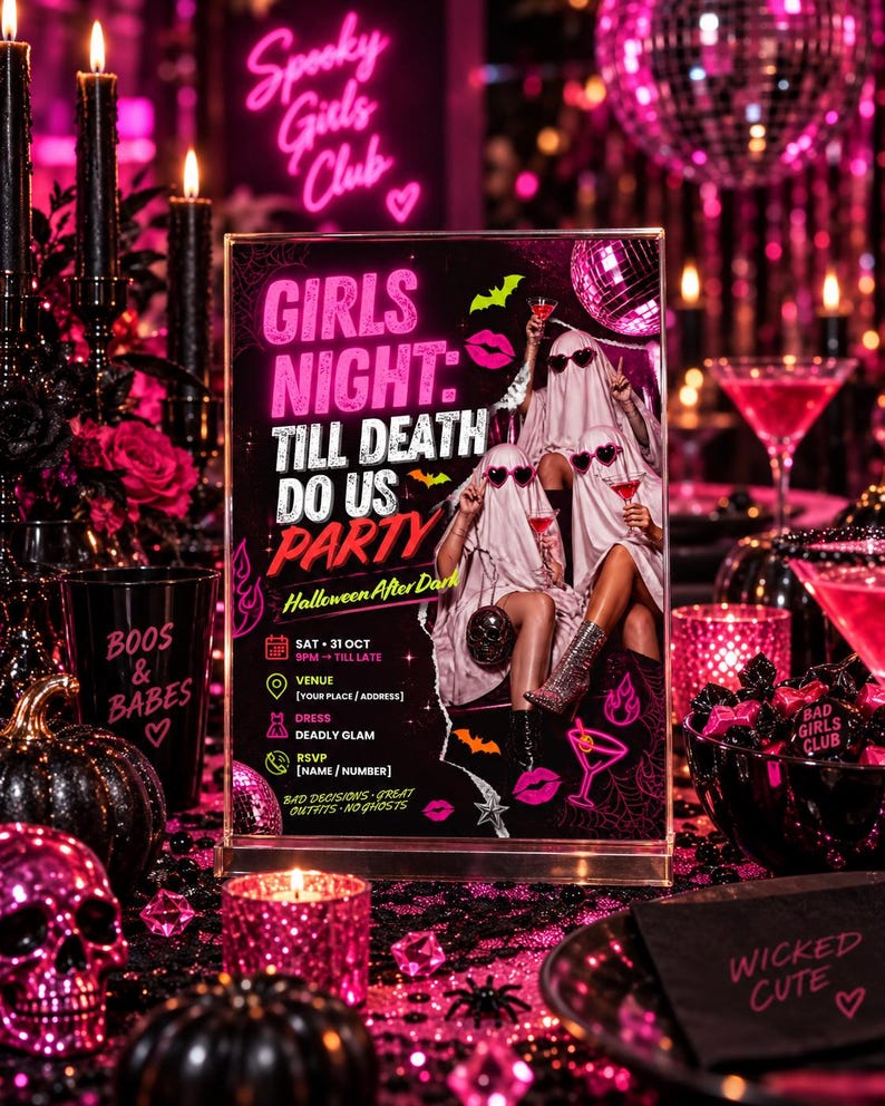 May include: A rectangular acrylic sign featuring a black and pink Halloween party flyer with the text Girls Night: Till Death Do Us Party. The graphic shows three figures draped in white sheets wearing heart-shaped sunglasses and holding cocktails.