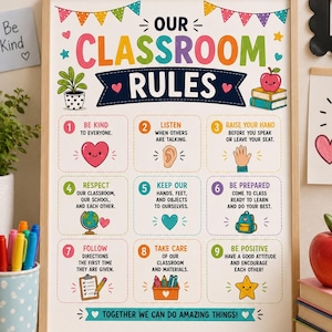 May include: A framed classroom rules poster with a white background, colorful text, and illustrations. It lists nine numbered rules including be kind, listen, raise your hand, respect, keep hands to ourselves, be prepared, follow directions, take care, and be positive.