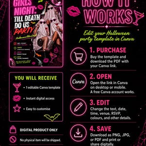 May include: A digital Halloween party invitation template featuring neon pink text reading Girls Night Till Death Do Us Party. The design includes ghost figures in sunglasses, martini glasses, bats, and lips. Instructions for editing in Canva are included.
