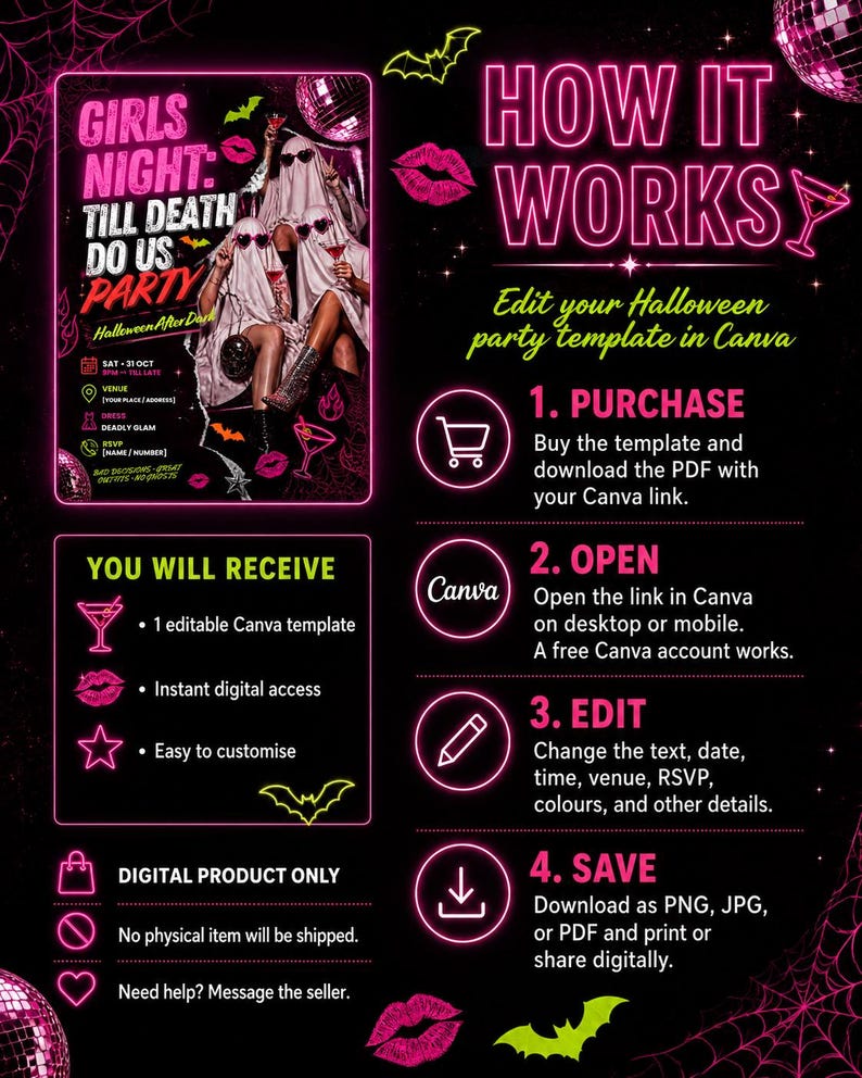 May include: A digital Halloween party invitation template featuring neon pink text reading Girls Night Till Death Do Us Party. The design includes ghost figures in sunglasses, martini glasses, bats, and lips. Instructions for editing in Canva are included.