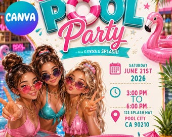 Pool Party Birthday Invitation | Tropical Summer Canva Template (Digital Download)