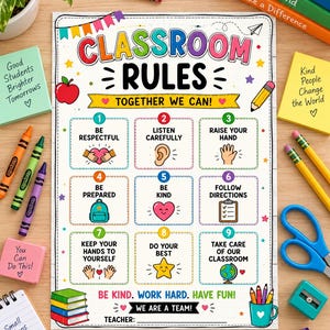 Puede incluir: Un póster de reglas de clase con nueve pasos numerados e iconos coloridos, incluyendo una manzana, un lápiz y un globo terráqueo. El texto dice CLASSROOM RULES, TOGETHER WE CAN y BE KIND. WORK HARD. HAVE FUN. Rodeado de crayones y notas adhesivas.