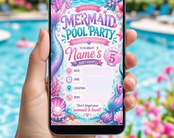 Mermaid Pool Party Invitation | Under the Sea Birthday Template (Canva Editable)