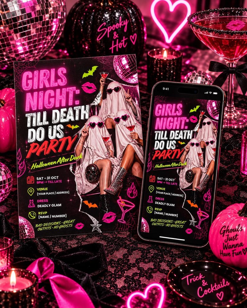 May include: A rectangular party invitation flyer and a smartphone displaying the same graphic design. The design features the text GIRLS NIGHT: TILL DEATH DO US PARTY, Halloween After Dark, and event details in neon pink and white on a black background.