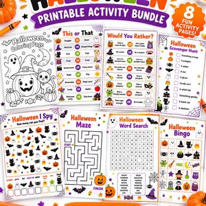 Può includere: Un set di attività stampabili per Halloween con otto pagine di giochi, tra cui una pagina da colorare, This or That, Would You Rather, caccia al tesoro, I Spy, labirinto, ricerca di parole e bingo, decorato con zucche e fantasmi.