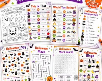 Halloween-Aktivitätenpaket für Kinder, 8 druckbare Spiele, Malvorlagen, Bingo, Labyrinth (Digitaler Download)