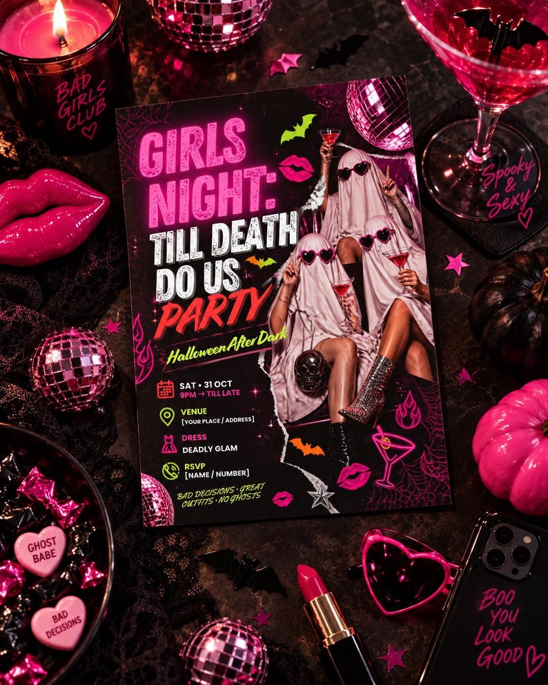 May include: A rectangular party invitation flyer with a black background and pink text reading Girls Night: Till Death Do Us Party. The design features two figures in white ghost costumes wearing heart-shaped sunglasses and holding cocktails.