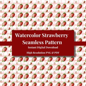 Aquarell Erdbeer Muster - Pink Gingham Digitales Papier (PNG, PDF) Bonus Clip Art enthalten