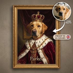 May include: A framed portrait of a yellow Labrador retriever wearing a gold crown and a red velvet robe with white ermine fur trim. The name Parker is written in gold script at the bottom. A circular inset shows the original dog photo.