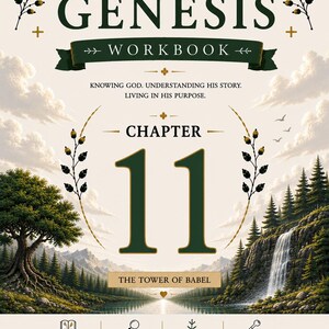 Può includere: Una copertina di quaderno di lavoro con il titolo "GENESIS WORKBOOK" in verde scuro, con il testo "Capitolo 11" e "La Torre di Babele". La copertina include illustrazioni di un albero, una cascata e un paesaggio, con testo aggiuntivo: "Conoscere Dio. Comprendere la sua storia. Vivere nel suo scopo."