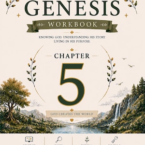 Può includere: Una copertina di quaderno di lavoro con il titolo "Genesis" in grandi lettere verde scuro. La copertina presenta un'illustrazione paesaggistica con un fiume, montagne e una cascata. Il numero "5" è ben visibile, con il testo "God Creates the World" sotto.