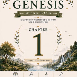 May include: A workbook cover for the "Genesis" series. The cover features the title in large, dark green letters, with the word "Workbook" on a banner. The number "1" is prominent, with the text "God Creates the World" below. The background is a landscape illustration.