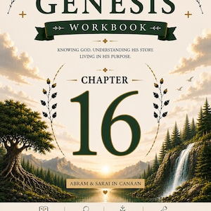 Può includere: Una copertina di quaderno di lavoro per la serie "Genesi". La copertina presenta un paesaggio con una cascata, montagne e un lago. Il titolo "Genesis Workbook" è in alto, con "Capitolo 16" in evidenza. È visibile anche il testo "Abram & Sarai in Canaan".