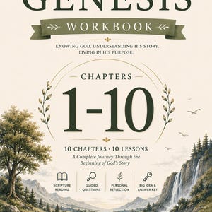 Puede incluir: Un cuaderno de trabajo titulado "Genesis Workbook" de la serie "Through The Bible Workbook Series". La portada presenta texto e ilustraciones, incluyendo "Capítulos 1-10" y "10 Capítulos 10 Lecciones". La imagen incluye un paisaje con una cascada.