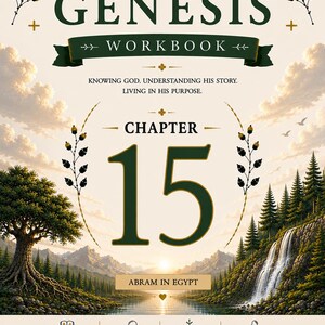 Può includere: Una copertina di un quaderno di lavoro della serie Genesi, con un paesaggio panoramico con una cascata e montagne. Il titolo "GENESIS WORKBOOK" è ben visibile, insieme a "Capitolo 15" in grandi numeri verde scuro. È visibile anche il testo "ABRAM IN EGYPT".