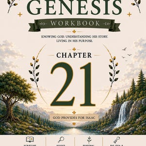 May include: A Genesis workbook cover featuring the text Through the Bible Workbook Series, Genesis, Chapter 21, God Provides for Isaac, and Knowing God. Understanding His Story. Living in His Purpose. Includes icons for reading, questions, and reflection.