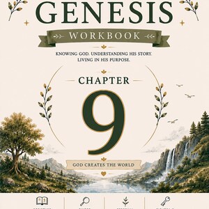 Puede incluir: Portada de un cuaderno de trabajo de la serie "Génesis". La portada presenta el título "Génesis Workbook" en verde oscuro, con el número de capítulo "9" en un lugar destacado. El fondo representa un paisaje con un río, montañas y una cascada. También está presente el texto "Dios crea el mundo".