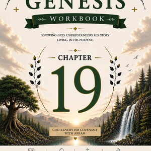 Könnte beinhalten: Ein Arbeitsbuchcover mit dem Titel "GENESIS WORKBOOK" in großen, dunkelgrünen Buchstaben. Das Cover zeigt eine Landschaftsillustration mit einem Wasserfall, Bäumen und dem Text "Kapitel 19". Der Text "Gott erneuert seinen Bund mit Abram" ist ebenfalls vorhanden.