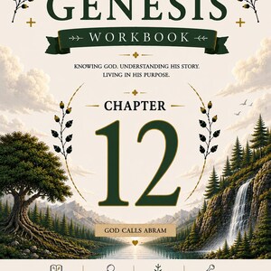 Può includere: Una copertina di quaderno di lavoro con il titolo "GENESIS WORKBOOK" in verde scuro, con il Capitolo 12 e il testo "GOD CALLS ABRAM". Il design include un paesaggio con una cascata, alberi e testo come "KNOWING GOD. UNDERSTANDING HIS STORY."