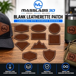 May include: A collection of brown leatherette patches in various geometric shapes including circles, squares, rectangles, shields, and triangles. Each patch features a white border and adhesive backing, designed for laser engraving applications.