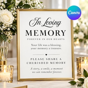 May include: A gold-framed sign with white background and black text reading In Loving Memory, Forever in our hearts, Your life was a blessing, your memory a treasure, Please share a cherished memory, A story, a smile, a moment we can remember forever.