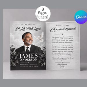 May include: An eight-page funeral program template featuring a portrait of James Anderson, a white dove, and black roses. The text reads Celebrating A Life Well Lived, James Anderson, March 12, 1965 - April 26, 2025, and With Sincere Acknowledgement.