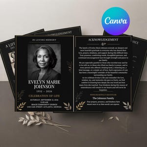 Può includere: Un programma funebre nero con il ritratto di Evelyn Marie Johnson, il testo In Loving Memory, Celebration of Life e un messaggio di ringraziamento. Il design presenta accenti in foglia d'oro e i dettagli per una cerimonia il 12 settembre 2026.